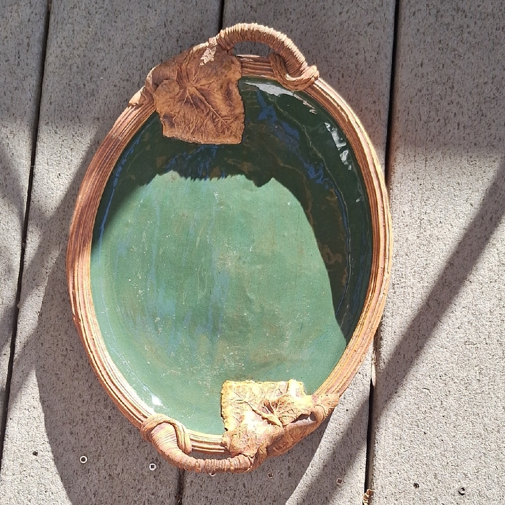 Vintage Green Oval Ceramic Tray with Handles